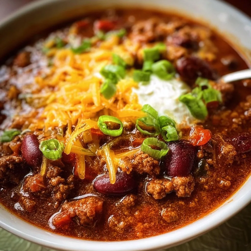 Bowl of classic beef chili topped with cheese and herbs