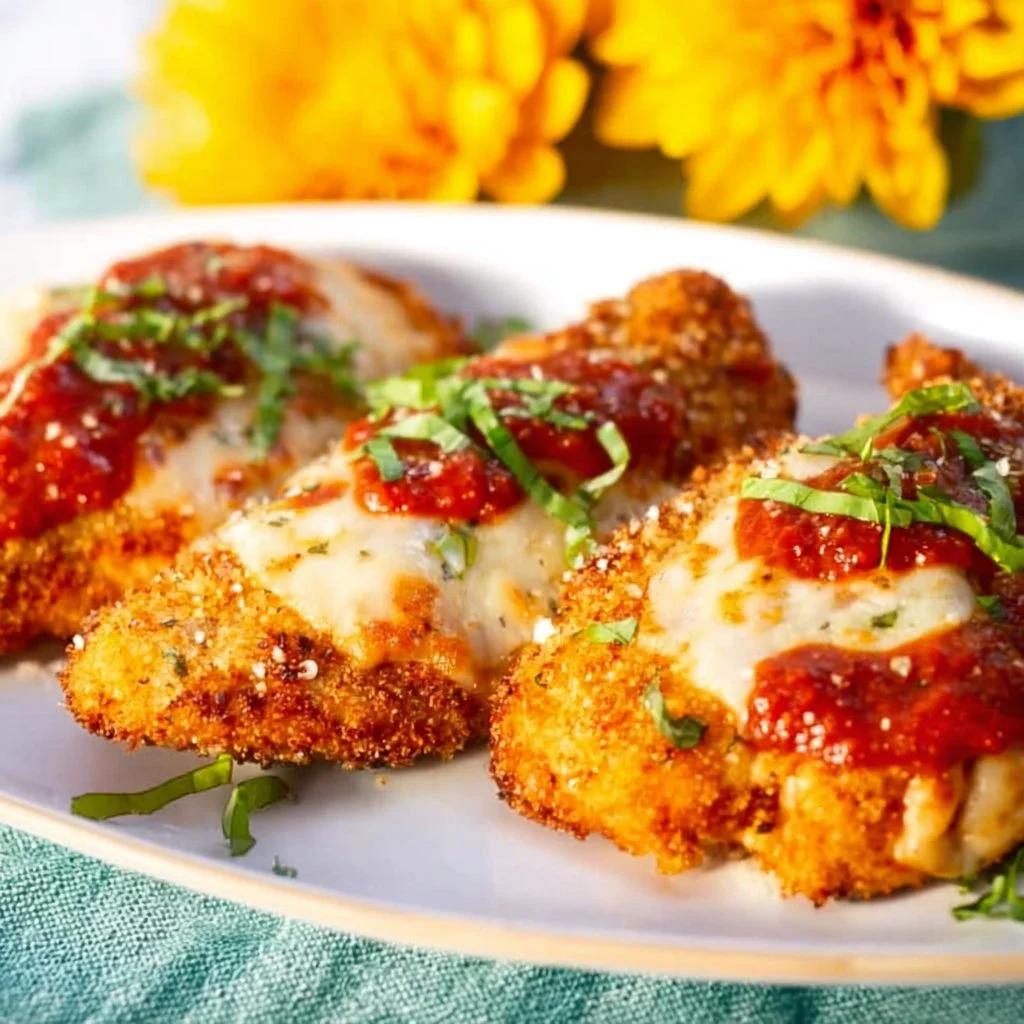 Classic Chicken Parmesan served with marinara sauce and melted cheese