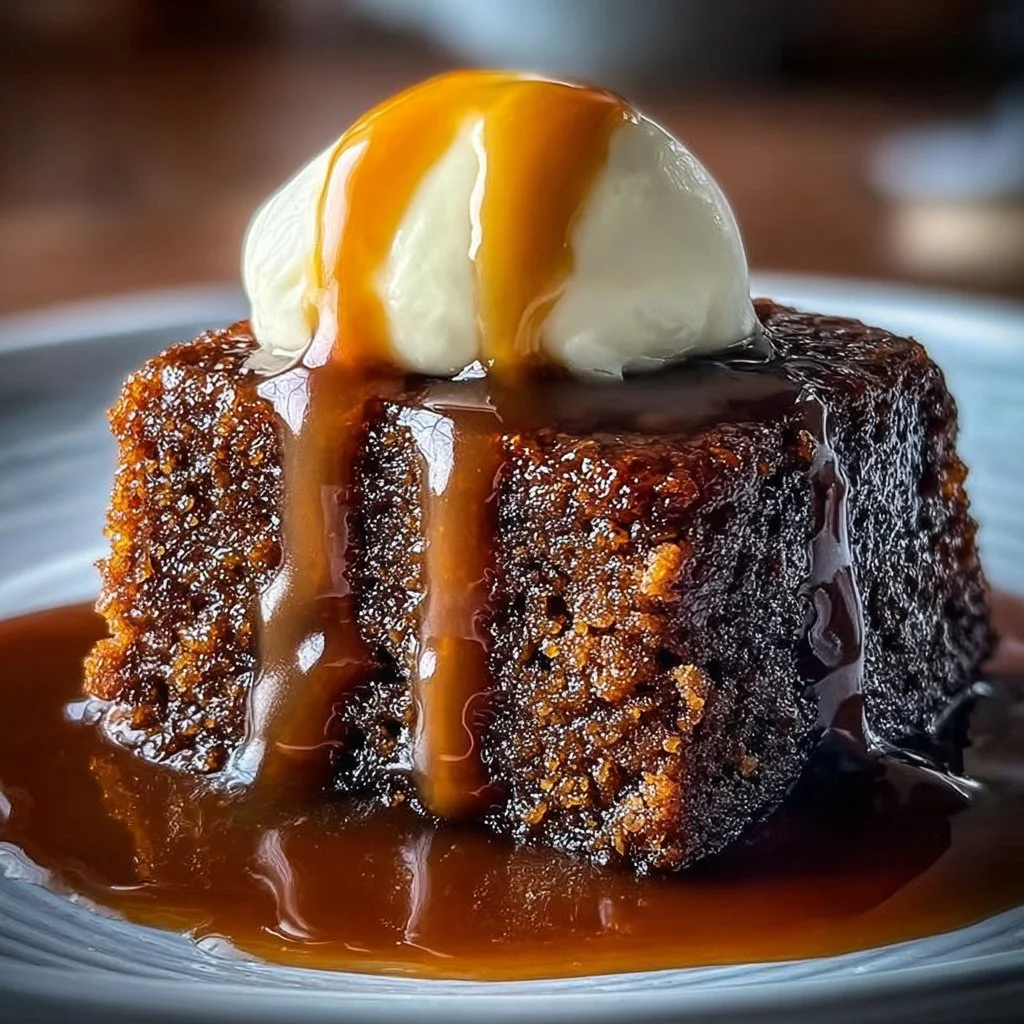 Delicious classic sticky toffee pudding served with toffee sauce and cream