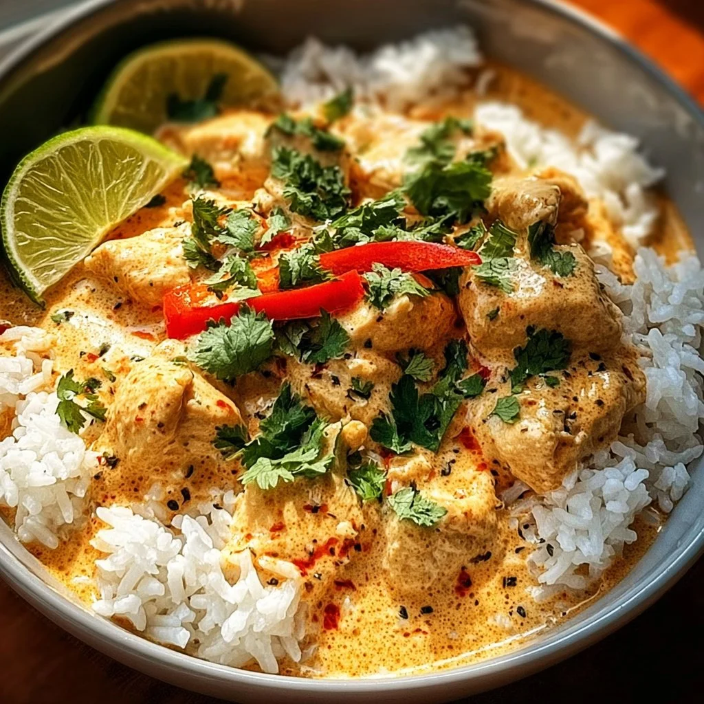 Delicious Coconut Chicken Rice Bowl with creamy coconut sauce and herbs