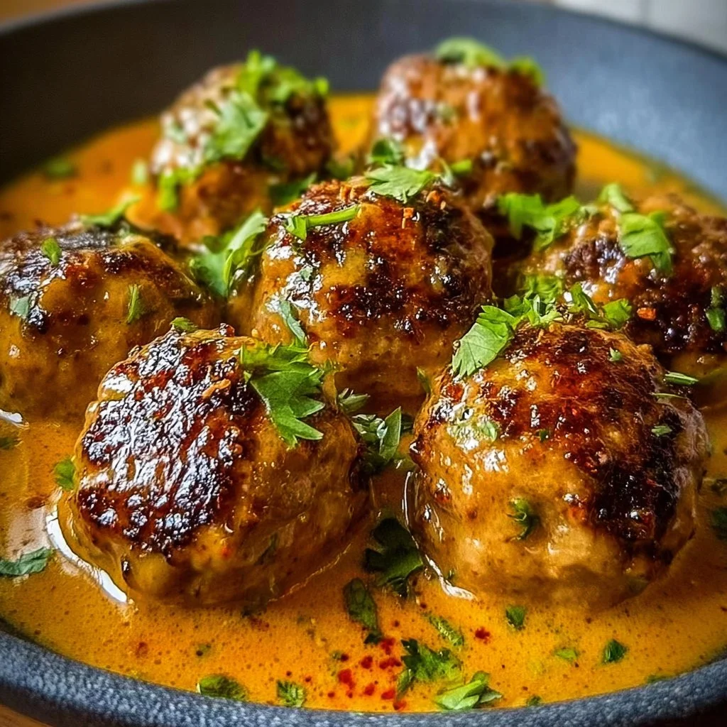 Coconut curry chicken meatballs served in a bowl with fresh herbs