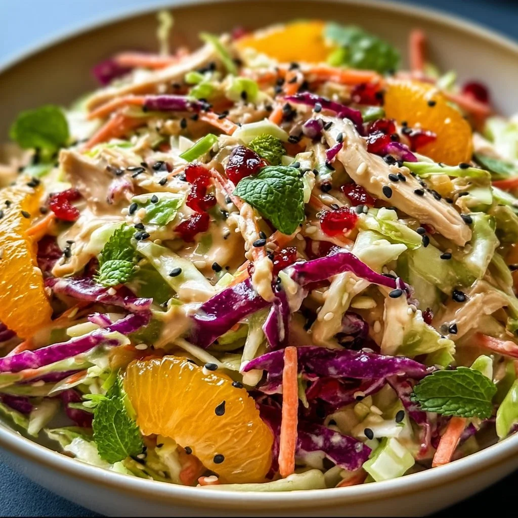 Bowl of coleslaw salad with ginger sesame dressing and colorful vegetables