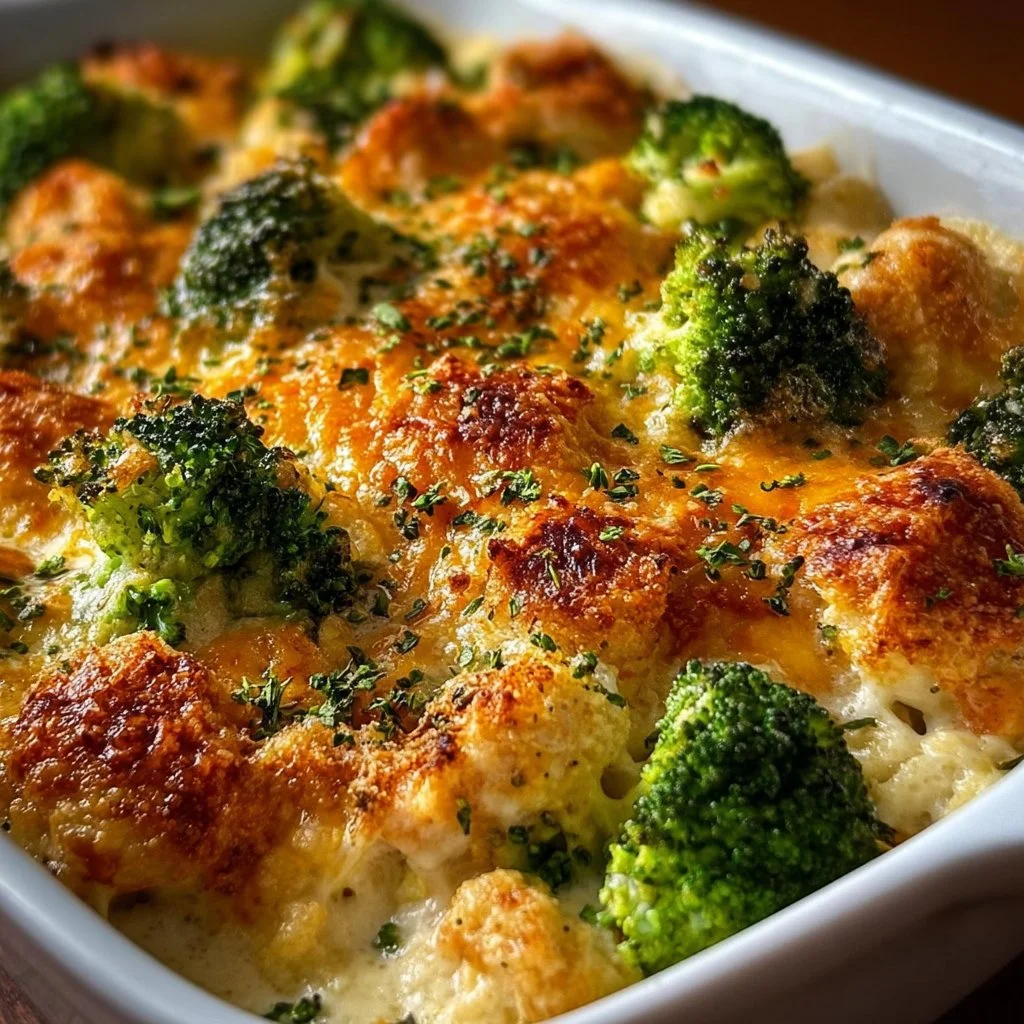 A hearty chicken divan casserole topped with cheese and breadcrumbs for a delicious meal.