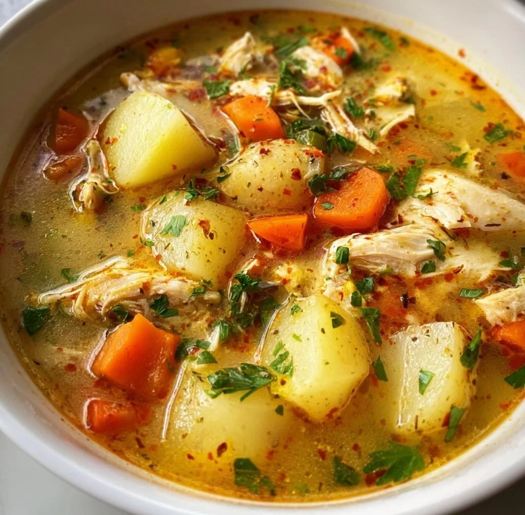 Bowl of comforting chicken soup with potatoes and fresh herbs