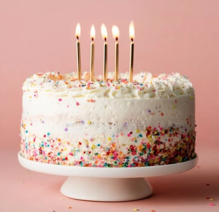 Colorful confetti birthday cake topped with sprinkles and candles for celebration