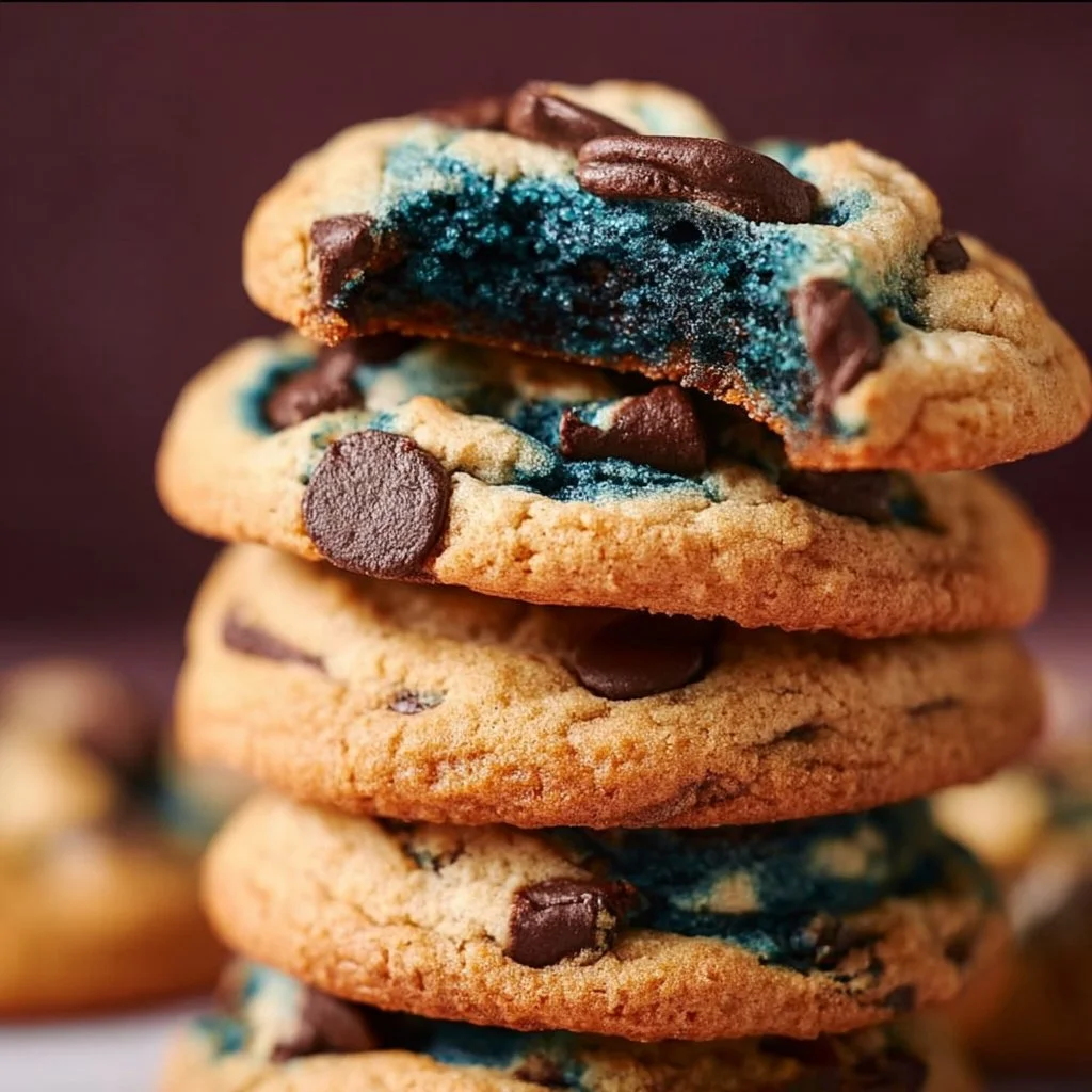 Freshly baked Cookie Monster Cookies with chocolate chips and colorful candies