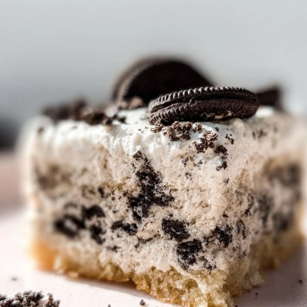 Delicious Cookies and Cream White Sheet Cake topped with cookie crumbs.