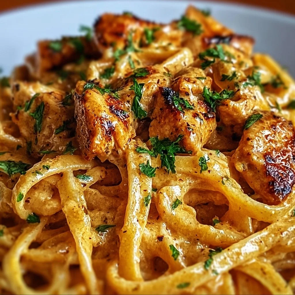 Plate of creamy Cowboy Butter Chicken Linguine with herbs and spices