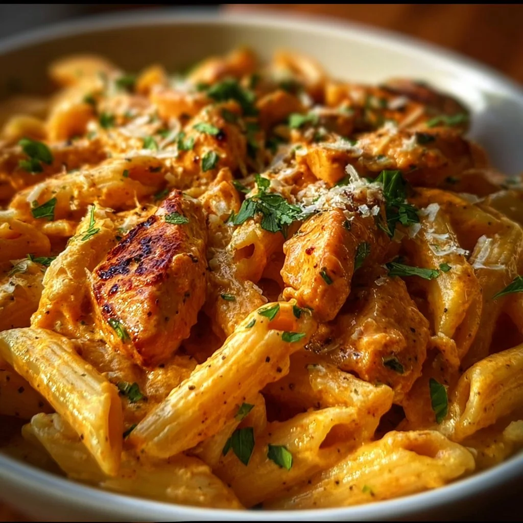 Delicious plate of Cowboy Butter Chicken Pasta garnished with fresh herbs.