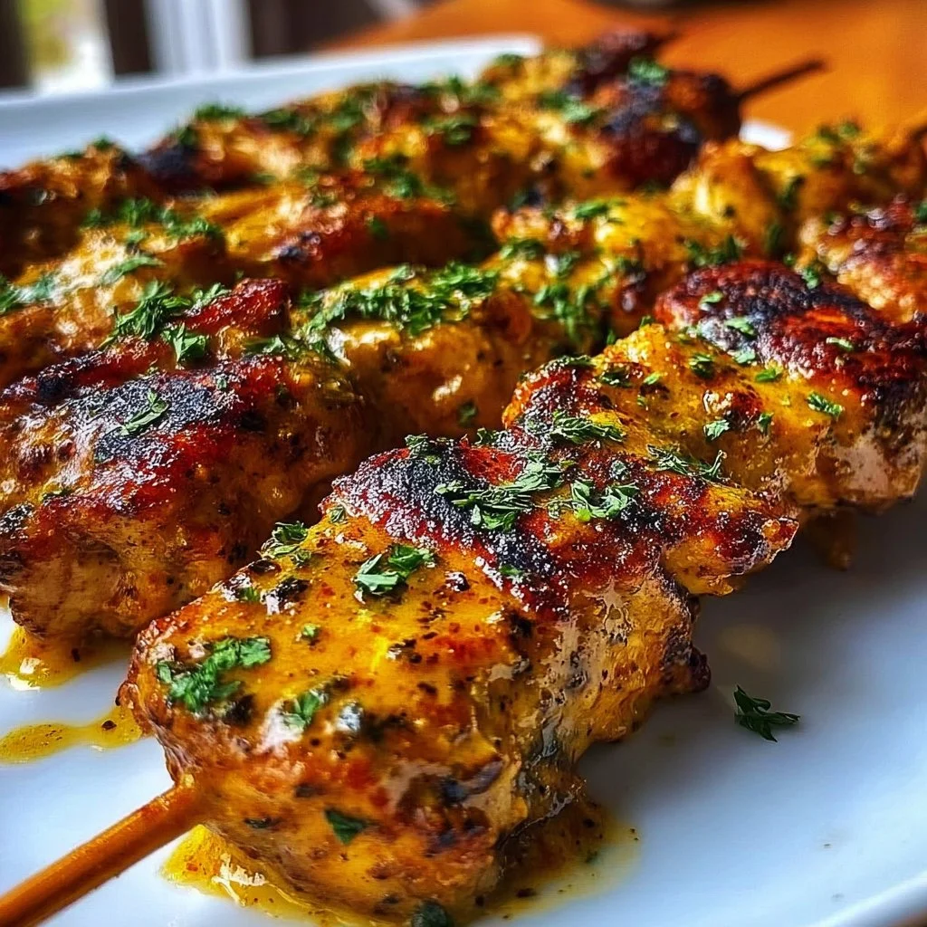 Delicious Cowboy Butter Chicken Skewers served on a platter with dipping sauce