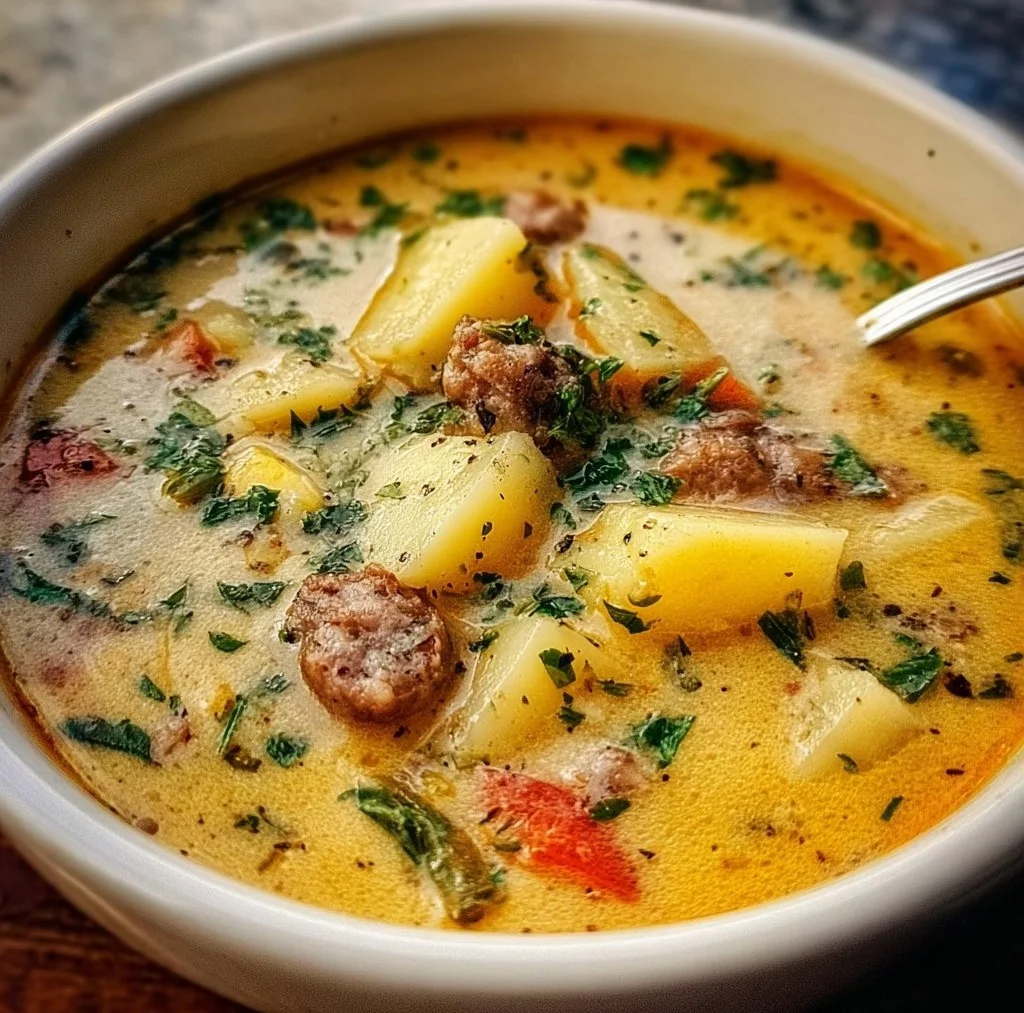 Cozy sausage potato soup in a bowl with fresh herbs on top.