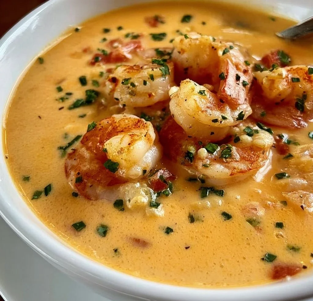 A rich and creamy crab and shrimp seafood bisque served in a bowl