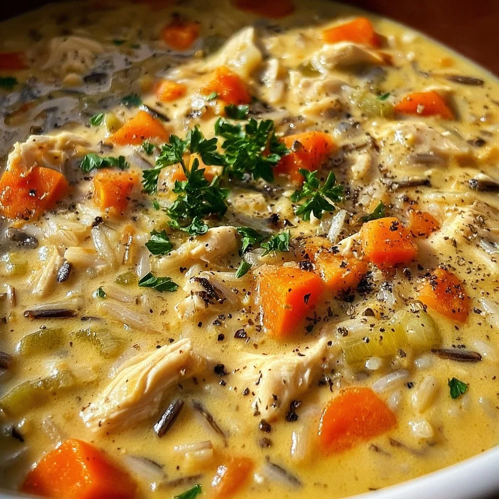 Delicious bowl of Crack Chicken Wild Rice Soup topped with herbs