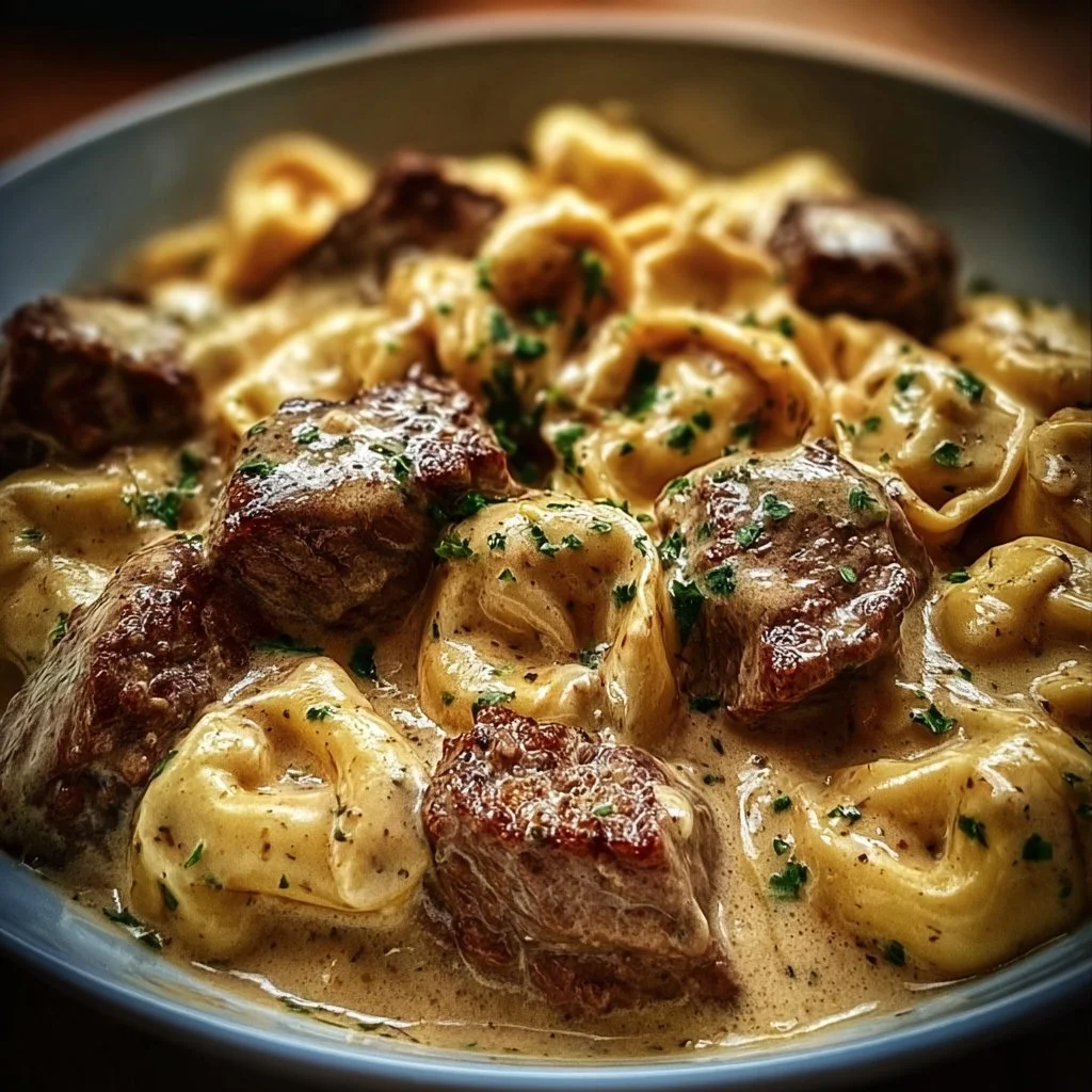 Cracked Garlic Steak Tortellini served in creamy sauce