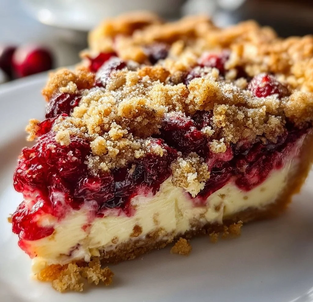 Slice of Cranberry Cream Cheese Crumb Pie on a plate with whipped cream
