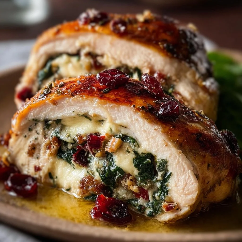 Cranberry and Spinach Stuffed Chicken with Brie served on a plate