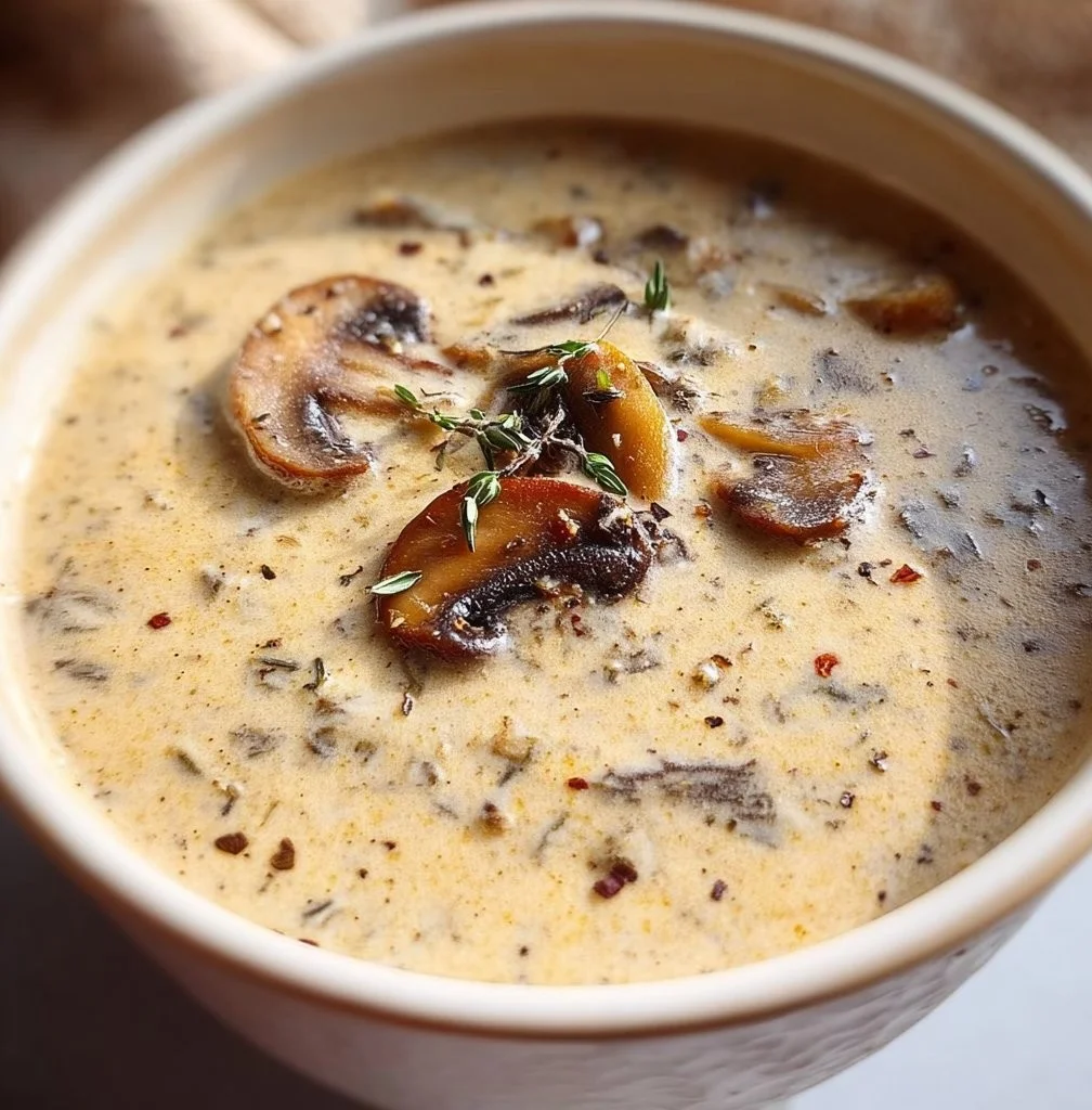 Bowl of creamy mushroom soup topped with fresh herbs