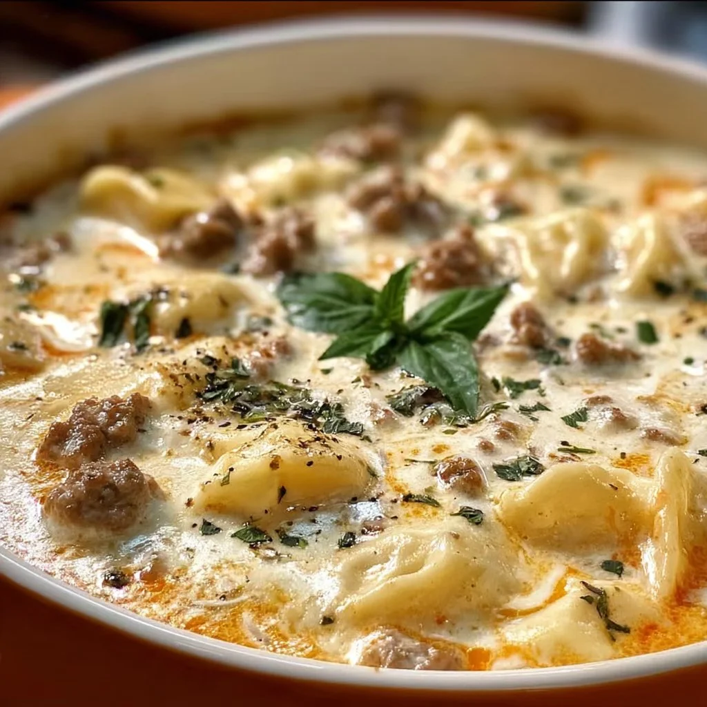 Delicious bowl of creamy Alfredo Lasagna Soup topped with herbs and cheese.