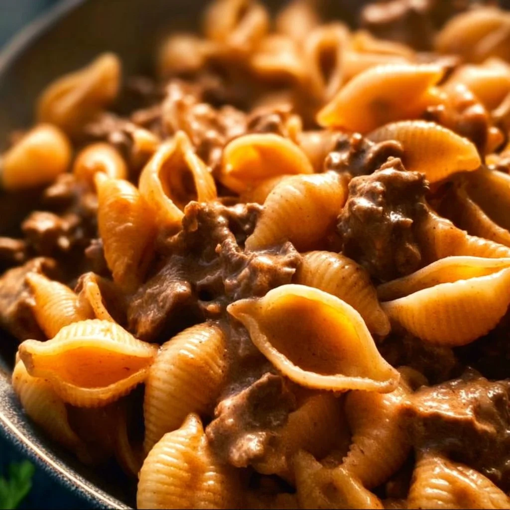 Creamy beef and shells pasta dish served in a bowl with a rich sauce