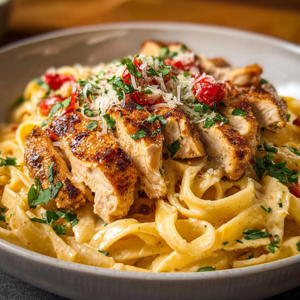 A plate of creamy Cajun chicken pasta with spices and herbs