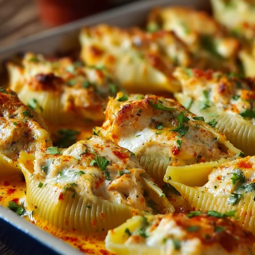 Creamy Cajun Chicken Stuffed Shells ready to serve with herbs and cheese