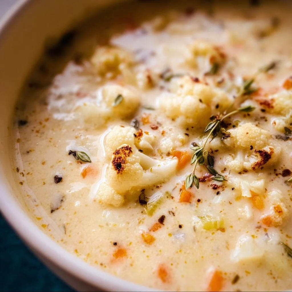 Bowl of creamy cauliflower soup garnished with herbs