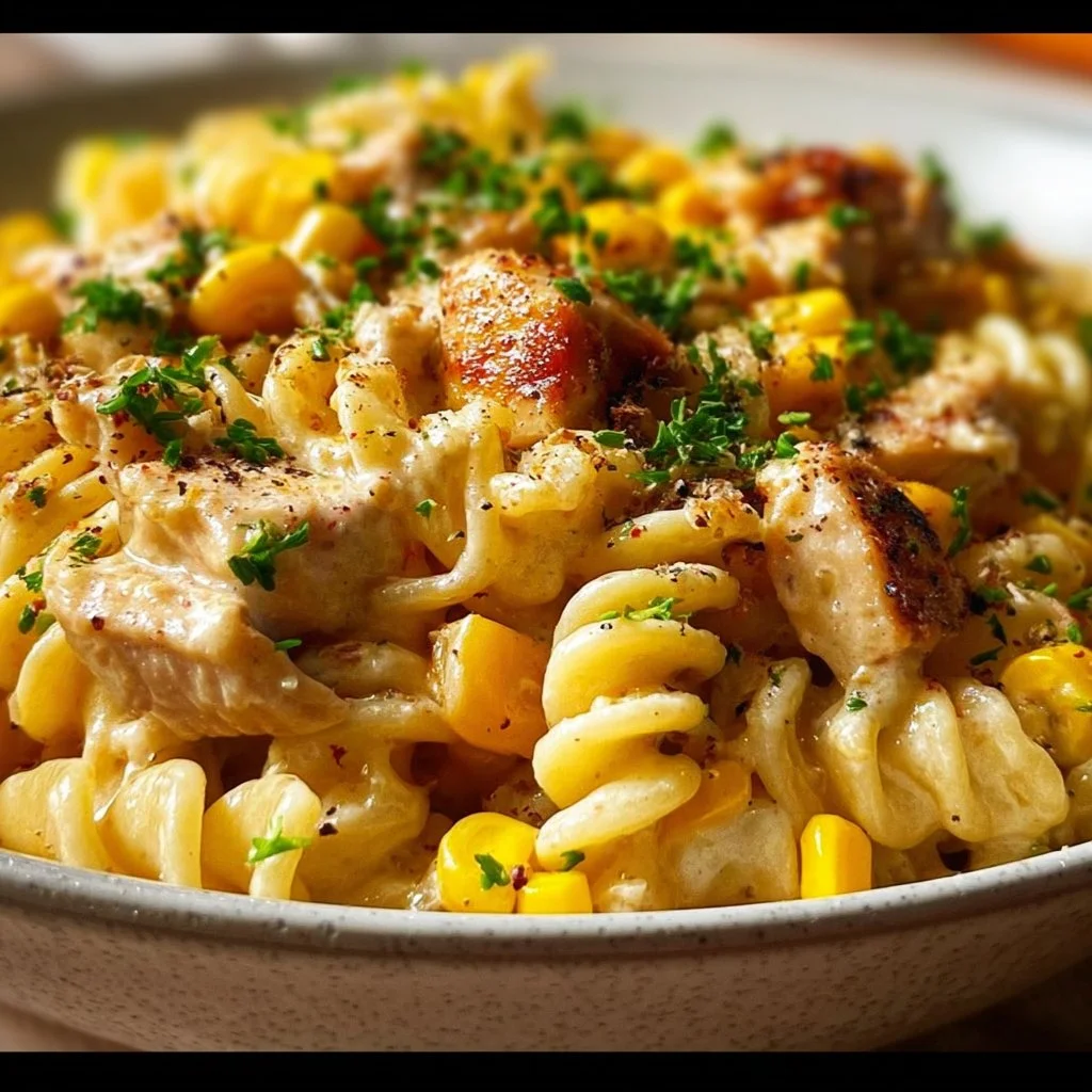Creamy Chicken and Corn Pasta dish served in a bowl