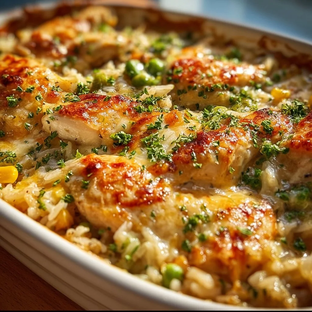 Creamy chicken and rice bake dish with vegetables in a baking dish