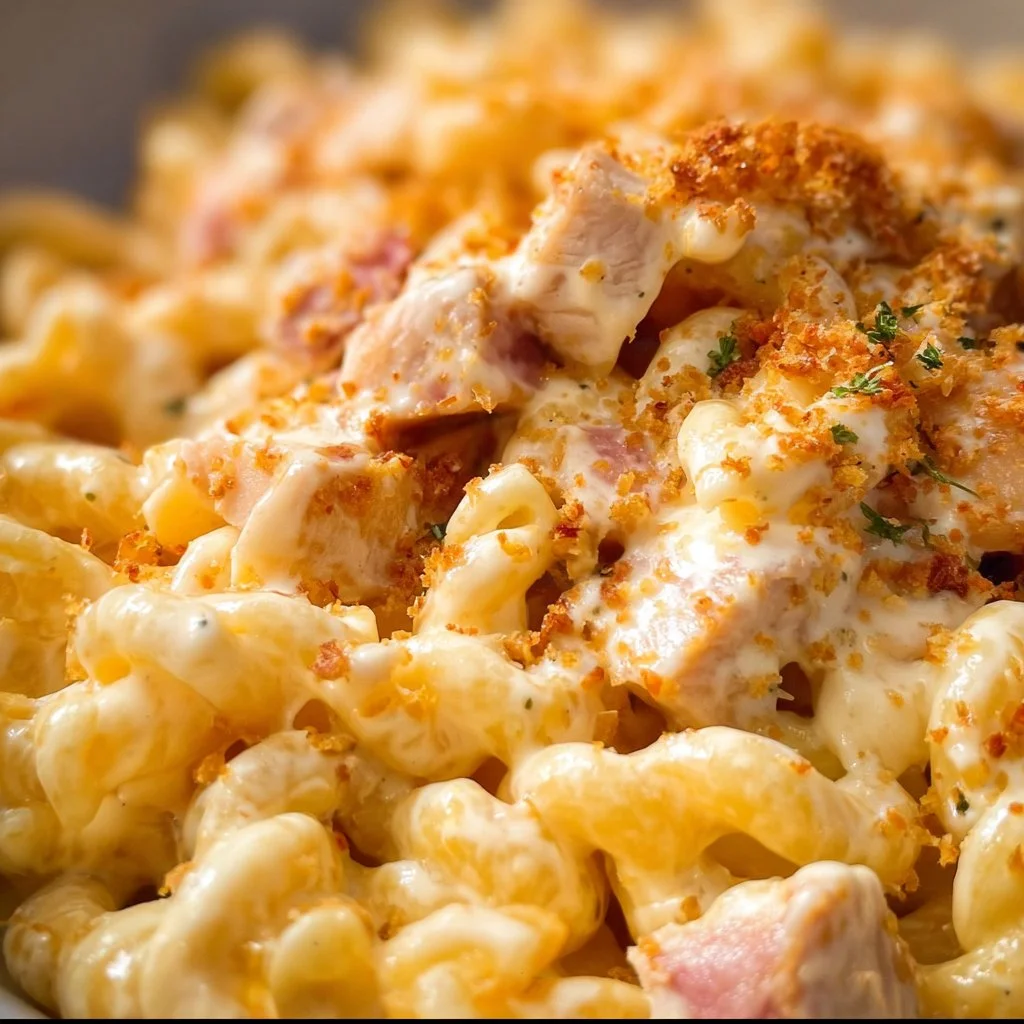 Creamy Chicken Cordon Bleu Pasta topped with herbs and cheese
