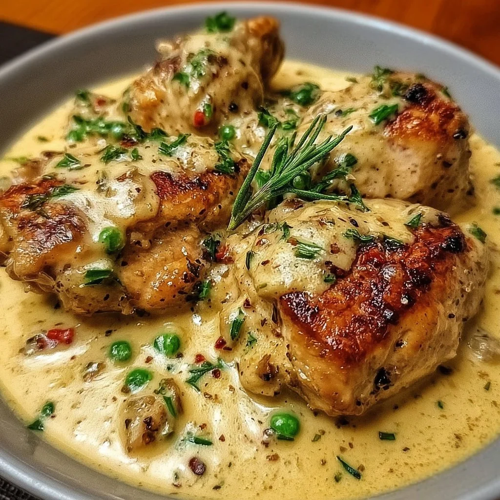 Creamy Chicken Dijon dish served with herbs and vegetables