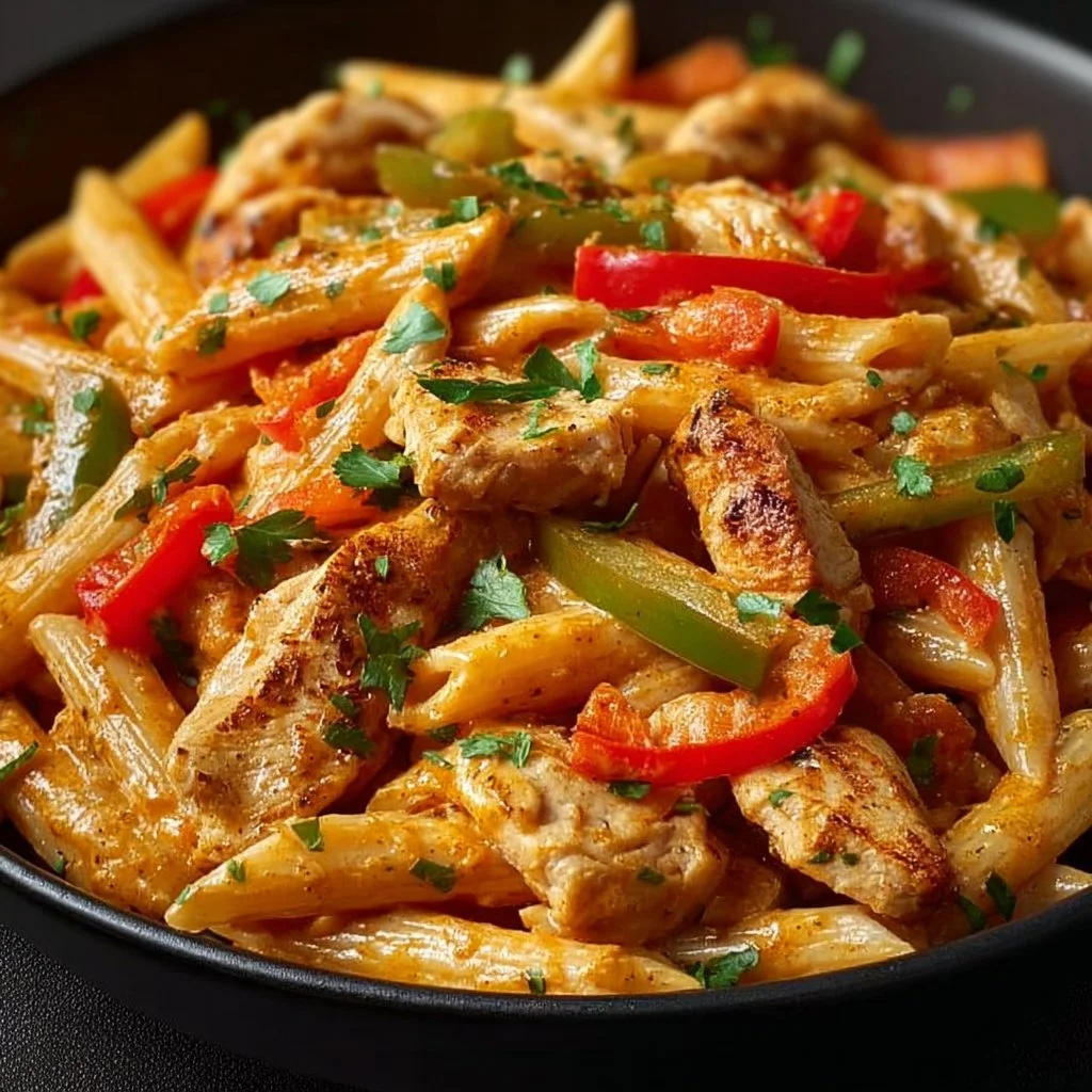 Creamy chicken fajita pasta with colorful bell peppers and herbs