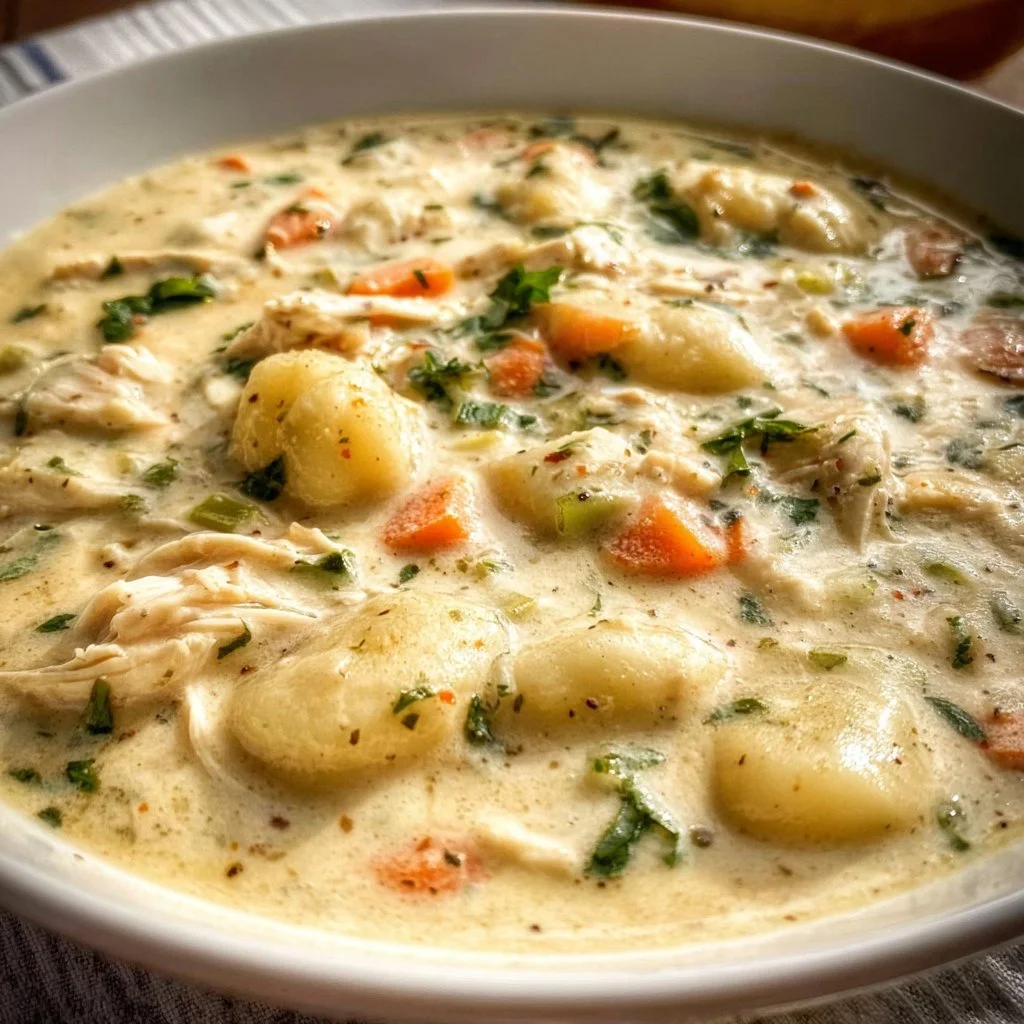 Bowl of creamy chicken gnocchi soup with herbs and fresh vegetables