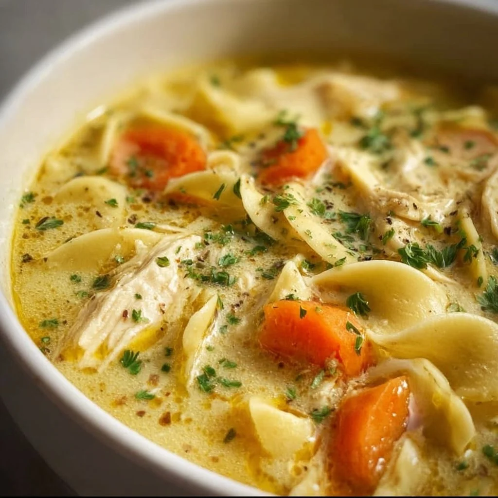 Bowl of creamy chicken noodle soup with vegetables and herbs