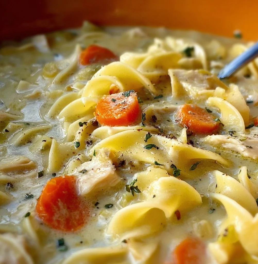 Bowl of creamy chicken noodle soup with vegetables and herbs