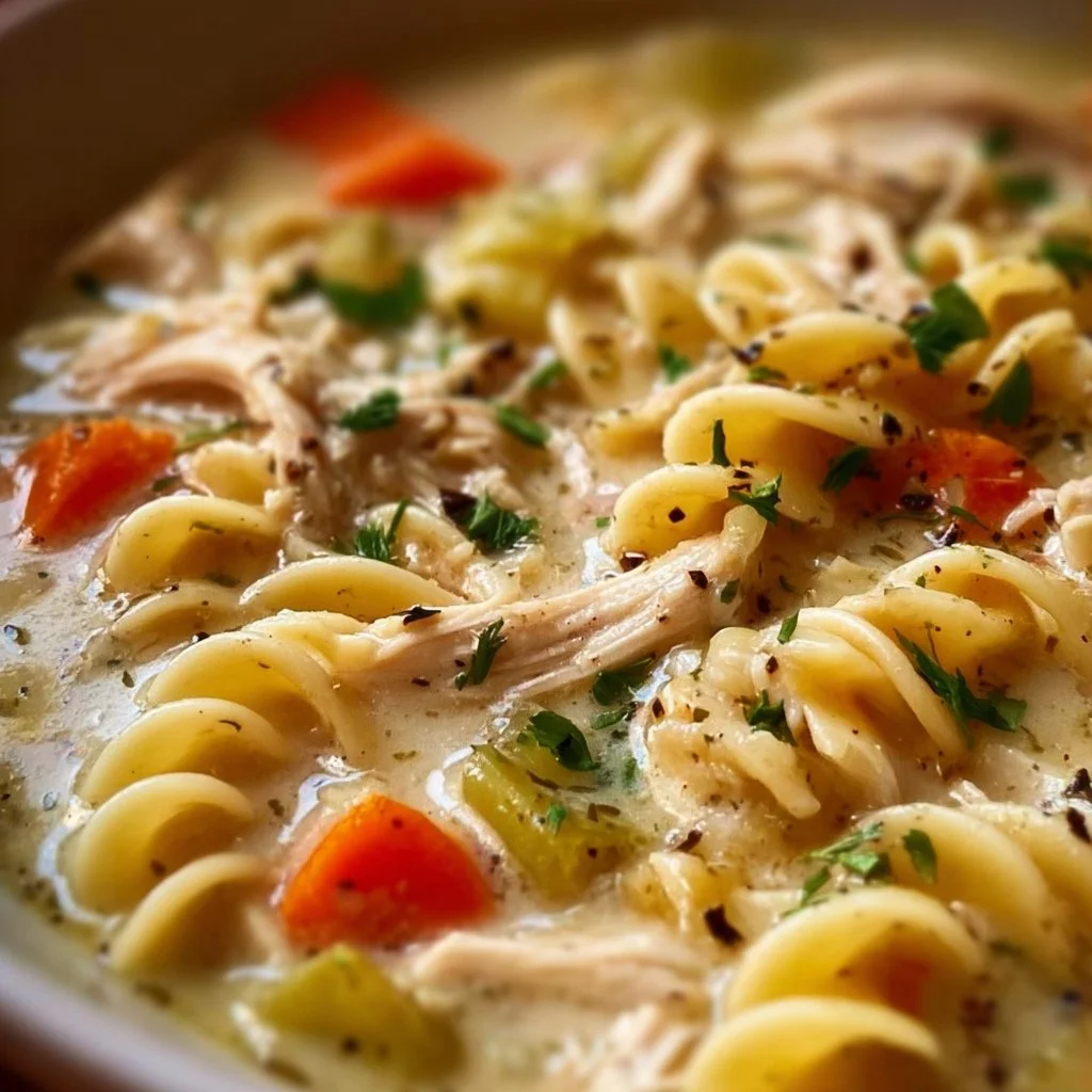Bowl of creamy chicken noodle soup with vegetables and herbs