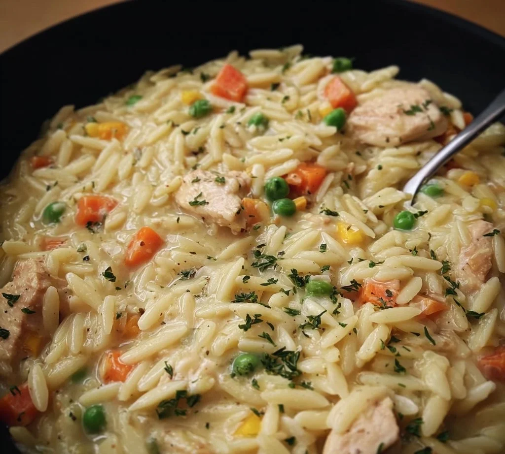 Creamy chicken pot pie orzo dish with vegetables and flaky crust.