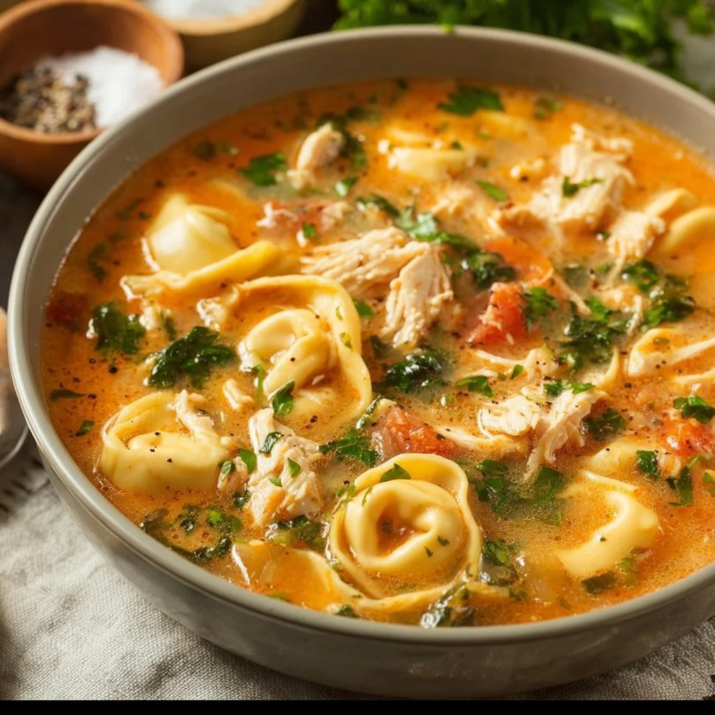 Bowl of creamy Chicken Tortellini Soup with fresh herbs and vegetables