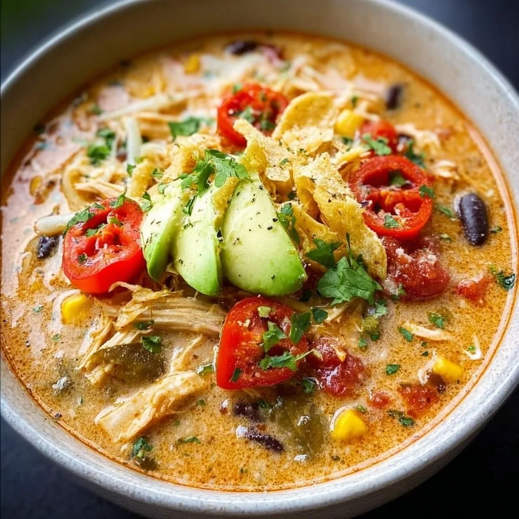 Bowl of creamy chicken tortilla soup topped with tortilla strips and cilantro