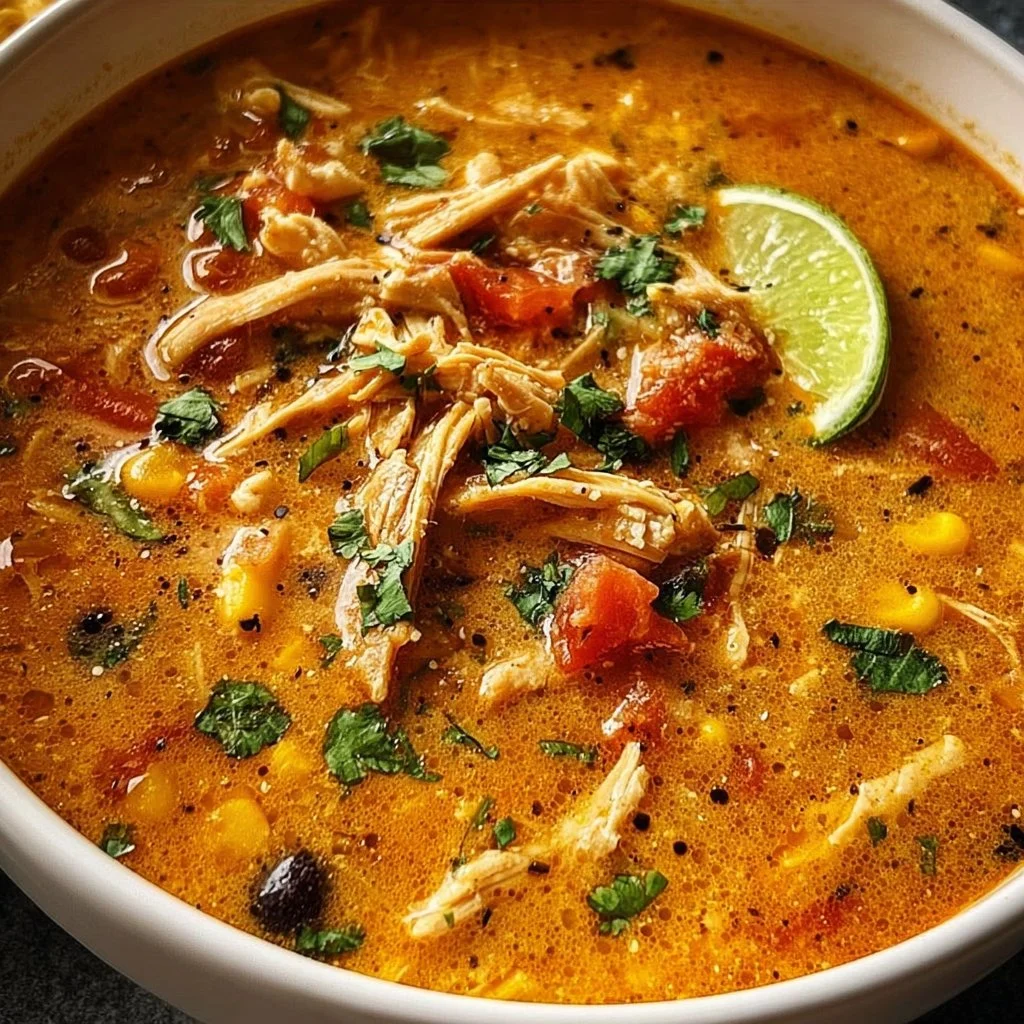 Creamy chicken tortilla soup garnished with tortilla strips and cilantro