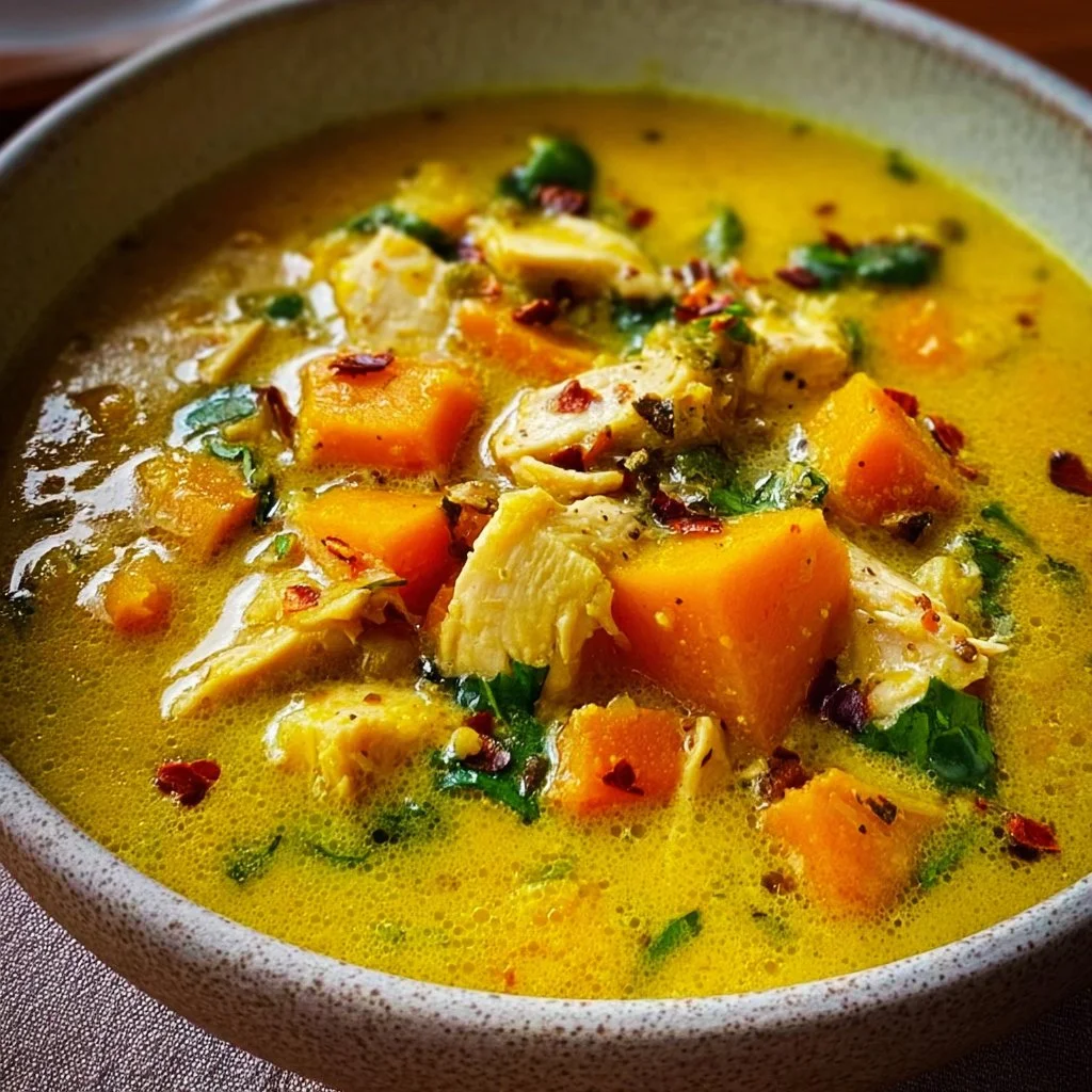Creamy coconut butternut squash chicken soup in a bowl
