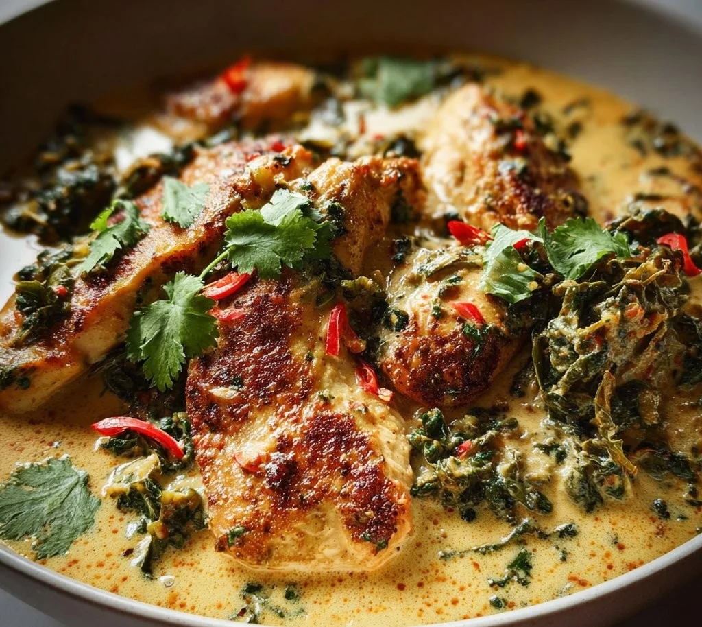 Creamy coconut-kale chicken dish served in a bowl with garnishes.