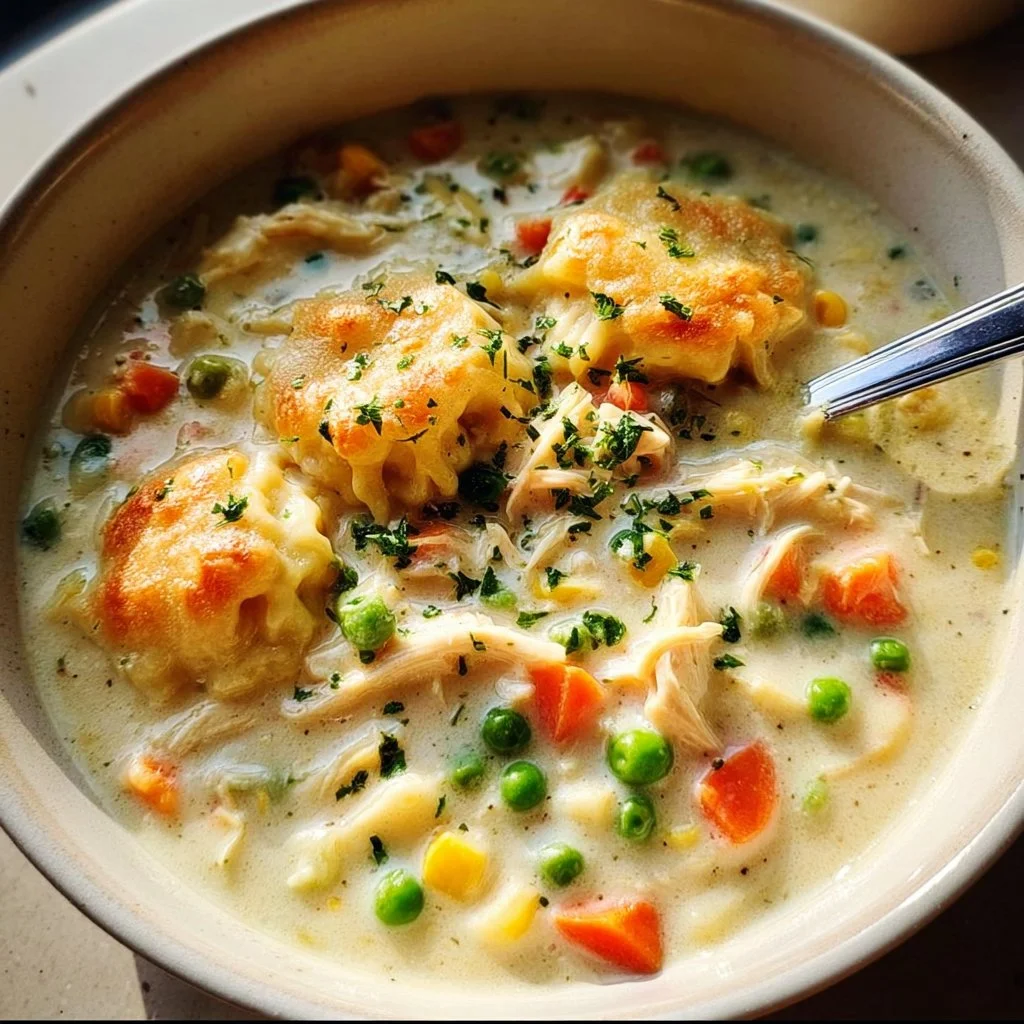 Bowl of creamy chicken pot pie soup with vegetables and herbs