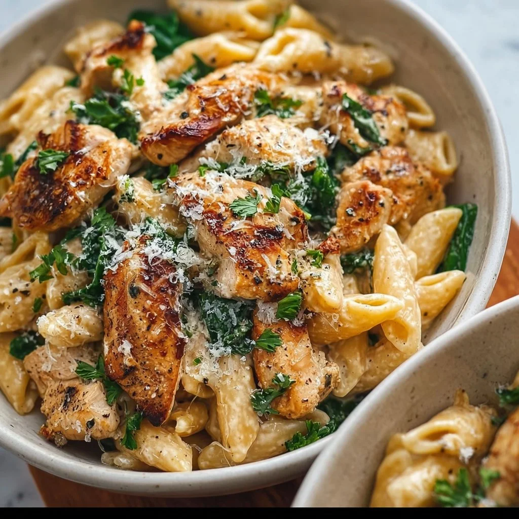 Creamy garlic parmesan chicken pasta dish topped with parsley