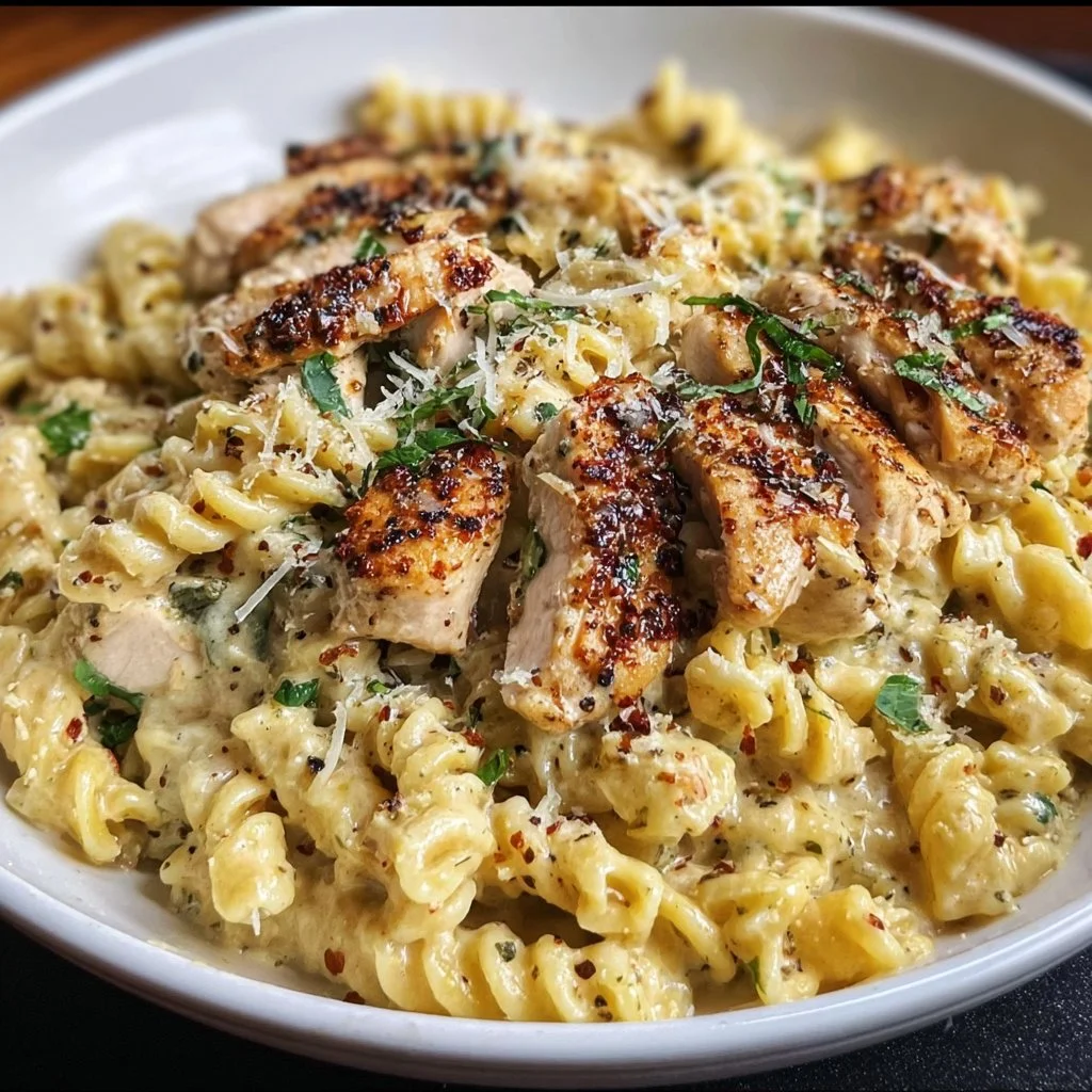 Plate of creamy garlic parmesan chicken pasta with herbs and cheese