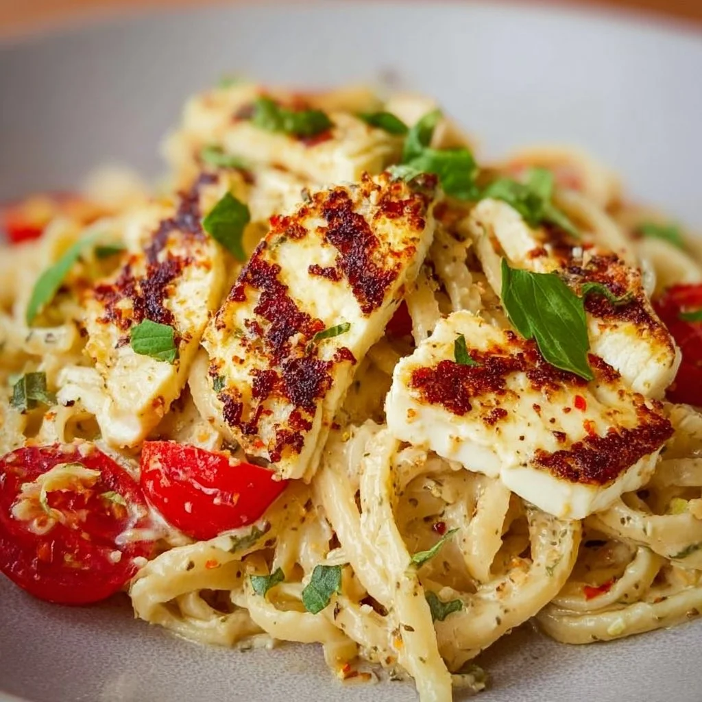 Creamy halloumi pasta topped with fresh herbs and cherry tomatoes.