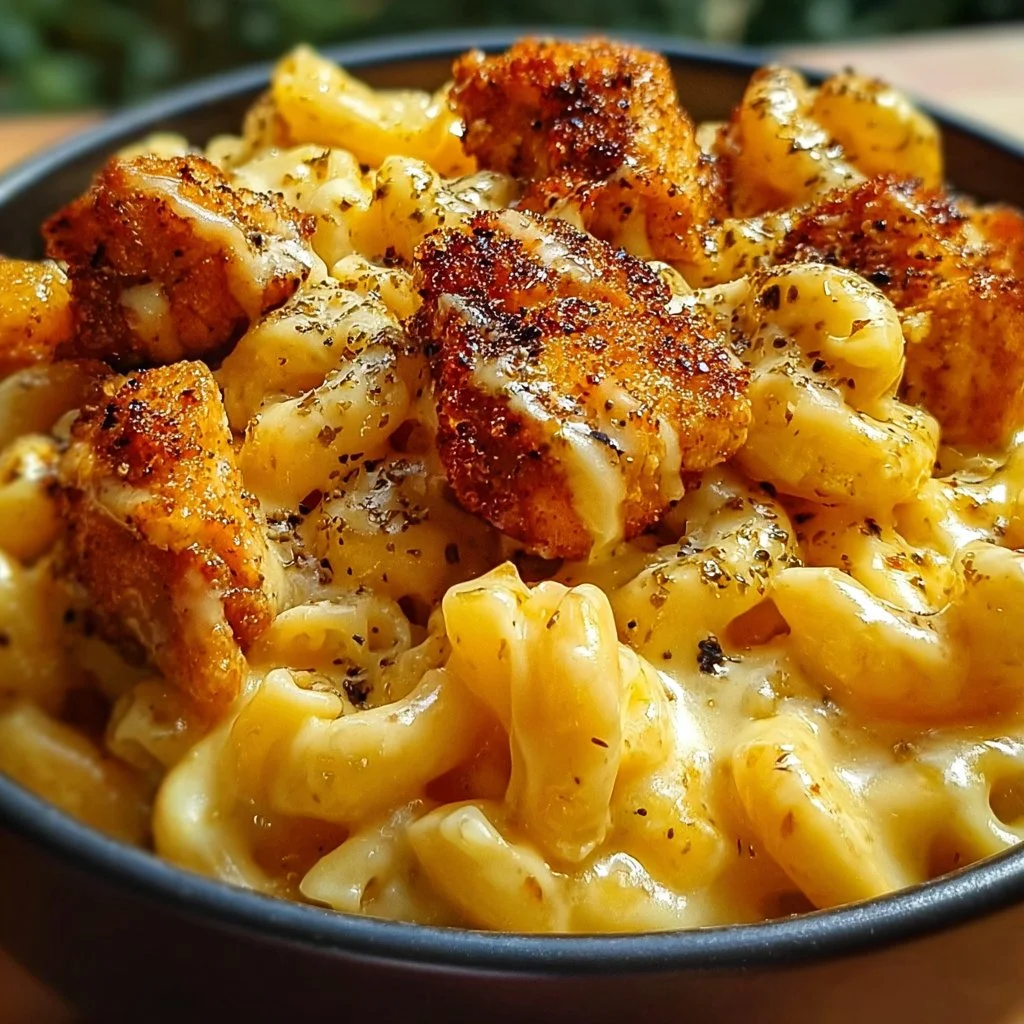 Delicious creamy honey pepper chicken mac and cheese served in a bowl
