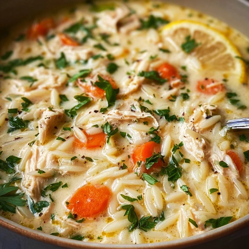 Creamy lemon chicken orzo soup served in a bowl with fresh herbs