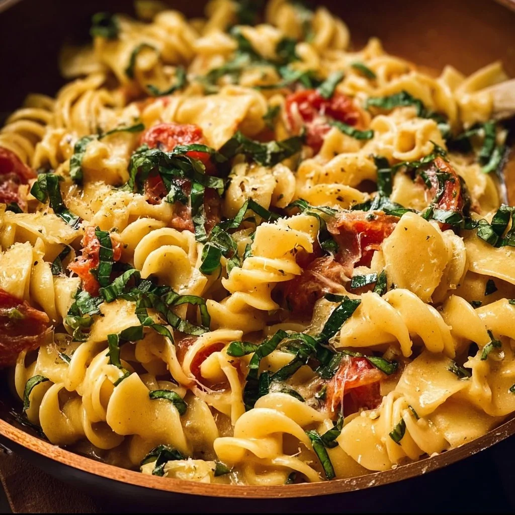 Creamy one pot pasta dish served in a bowl with fresh herbs on top