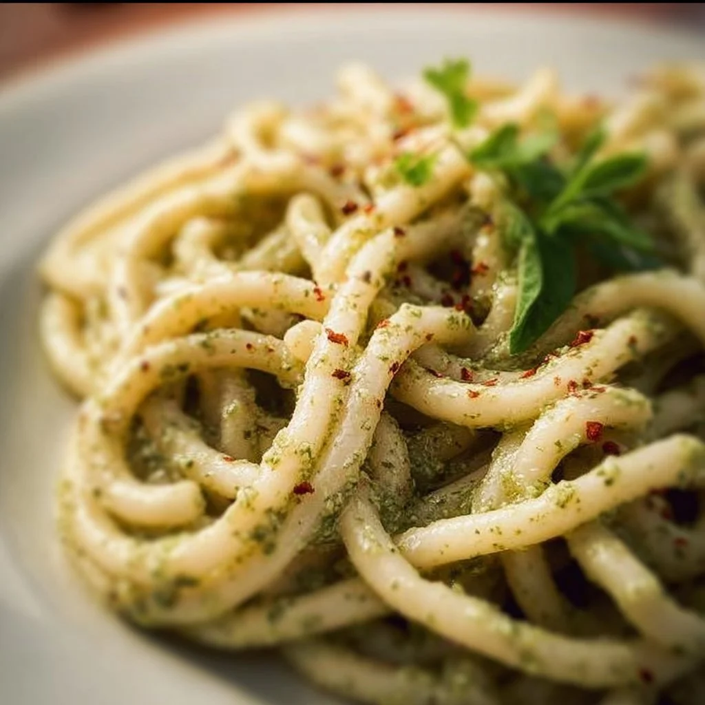 Creamy oregano pesto pasta dish garnished with fresh herbs and parmesan cheese.