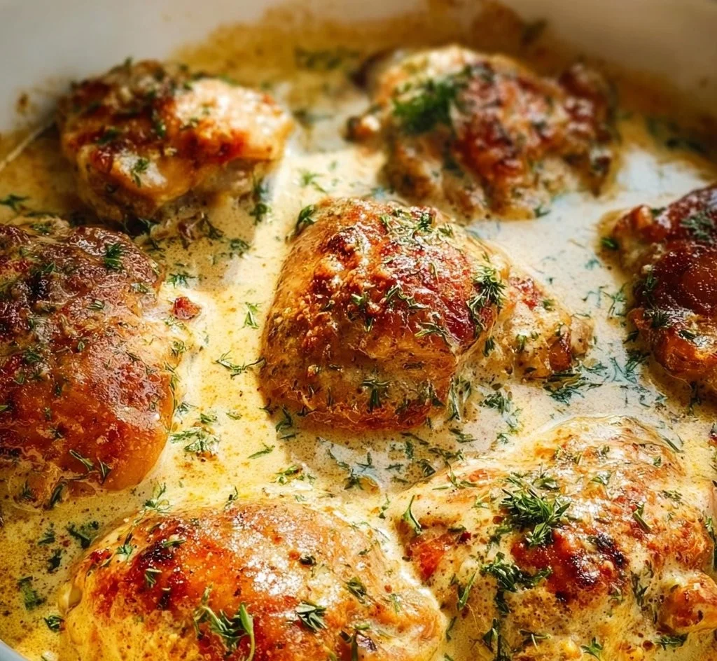 Creamy oven baked chicken thighs garnished with herbs on a plate